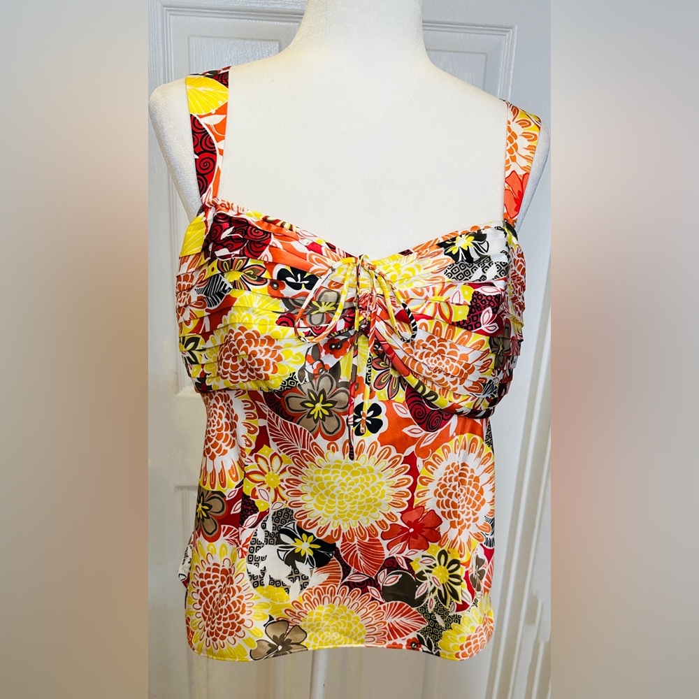 Ann Taylor Top Floral Vibrant Red Yellow Ruched Sweetheart Neckline 12 Petite